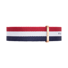Striped NATO strap in blue, white, and red with a rose gold buckle, designed for the Classic Cambridge Rose Gold watch.