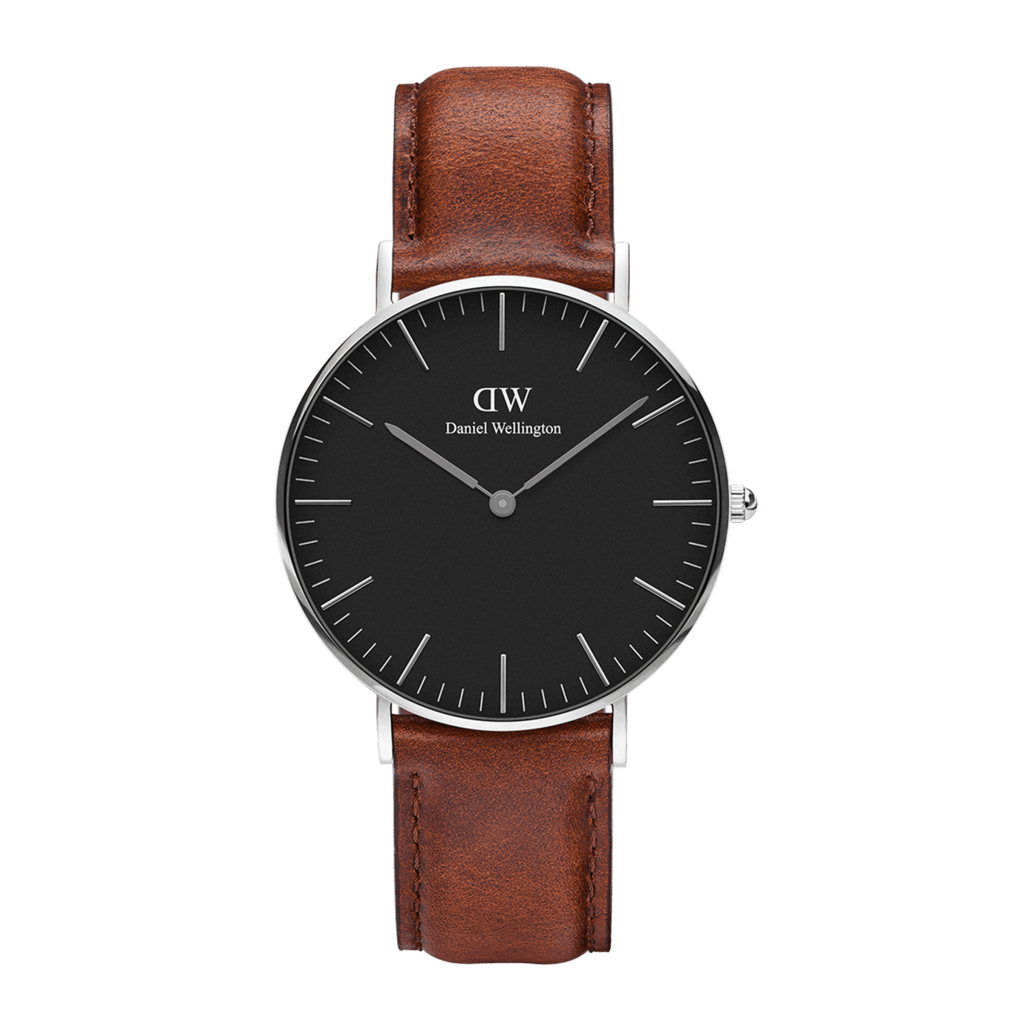 Classic St Mawes Black Silver watch featuring a slim polished silver case, minimalist black dial with silver markers, and a genuine brown leather strap.