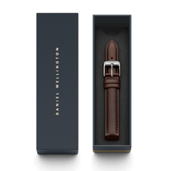 Bristol Strap Silver brown leather watch strap with a polished silver buckle, presented in a sleek Daniel Wellington branded gift box.