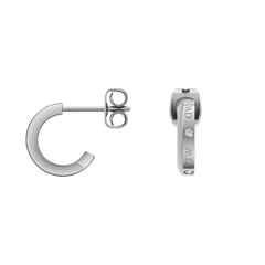Classic Lumine Silver earrings in a polished silver finish, featuring a half-hoop design with engraved details and sparkling crystal accents, displayed from side and front views.