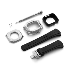 Switch Silver Apple Watch case kit including brushed stainless steel octagonal case, black rubber strap with deployment clasp, back cover, screws, screwdriver, and protective insert, designed for 40mm Apple Watch models.