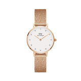 Rose gold Daniel Wellington Petite Lumine Pressed Melrose ladies watch with a minimalist white dial, crystal hour markers, and an adjustable pressed mesh strap.