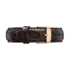 Dark brown croc-embossed genuine leather watch strap with a rose gold buckle, designed for the Classic York Black Rose Gold watch.