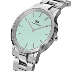 Close-up of the Iconic Link Mint Silver ladies watch, highlighting its mint green dial, minimalist silver hour markers, and polished stainless steel bracelet with a secure clasp.