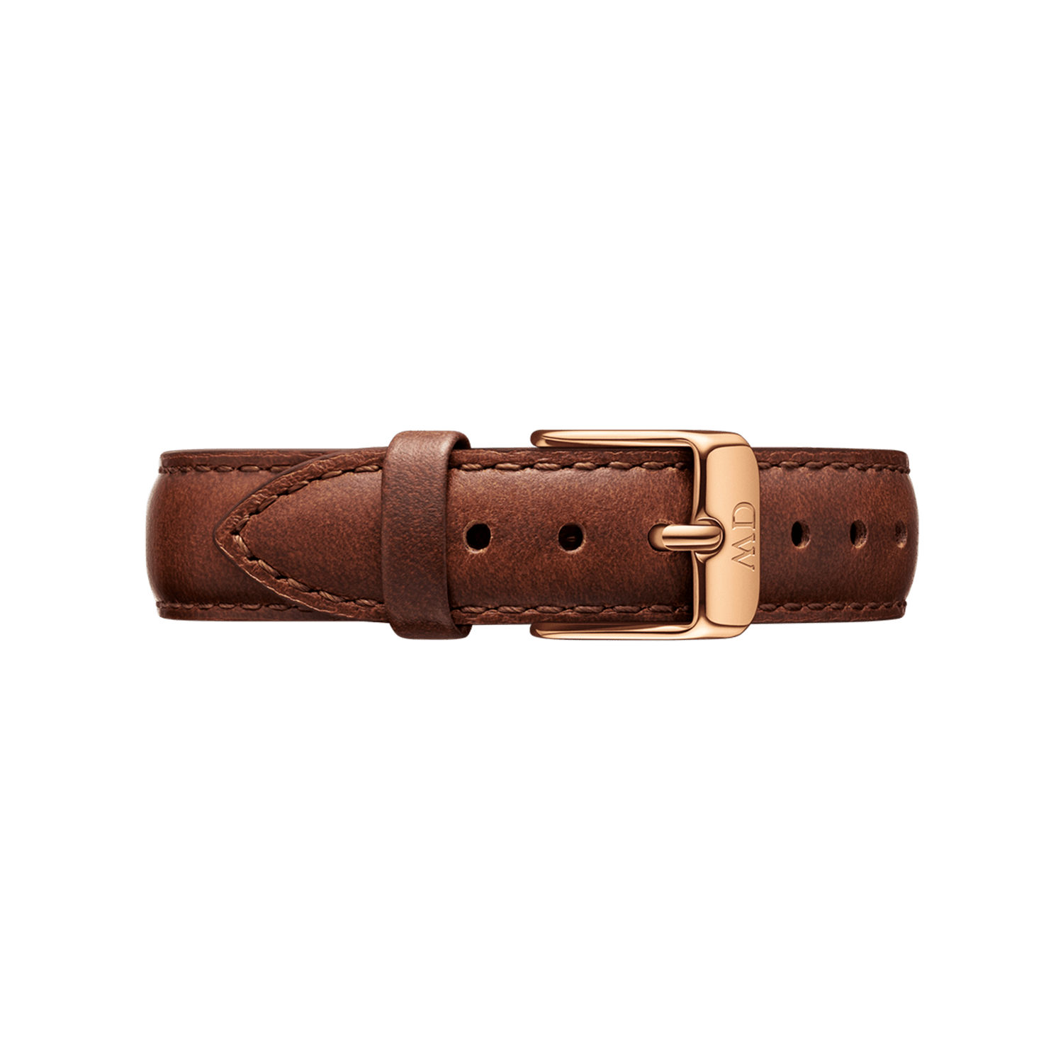 St Mawes Strap Rose Gold in genuine brown leather with a polished rose gold buckle, featuring fine stitching and adjustable holes for a classic, sophisticated look.