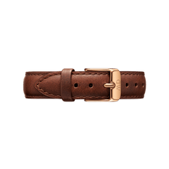 St Mawes Strap Rose Gold in genuine brown leather with a polished rose gold buckle, featuring fine stitching and adjustable holes for a classic, sophisticated look.