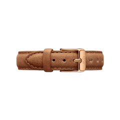 Light brown genuine leather watch strap for the Petite Durham Rose Gold, featuring visible stitching and a polished rose gold buckle.
