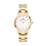 Polished gold stainless steel ladies watch with a gold link bracelet and a minimalist eggshell white dial, featuring slim gold hour markers and hands for a timeless, versatile look.