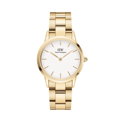 Polished gold stainless steel ladies watch with a gold link bracelet and a minimalist eggshell white dial, featuring slim gold hour markers and hands for a timeless, versatile look.