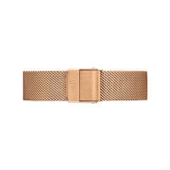 Rose gold mesh strap with a brushed stainless steel clasp, designed for the Petite Melrose Black Rose Gold watch, featuring adjustable links for a comfortable and secure fit.