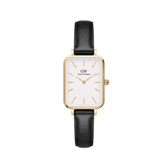 Quadro Pressed Sheffield Gold ladies watch featuring a rectangular gold case, minimalist white dial with gold markers, and a slim black leather strap.