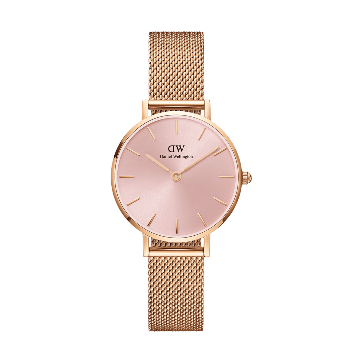 Petite Melrose Light Pink Rose Gold watch featuring a soft pink dial, minimalist gold hour markers, and a rose gold mesh strap, ideal for women seeking a refined and versatile accessory.