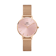 Petite Melrose Light Pink Rose Gold watch featuring a soft pink dial, minimalist gold hour markers, and a rose gold mesh strap, ideal for women seeking a refined and versatile accessory.