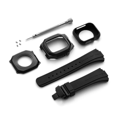 Switch Black Black Apple Watch case kit with brushed stainless steel components, geometric bezel, integrated FKM rubber strap, deployment clasp, screws, and installation tool, suitable for Series 6, 5, 4, and SE models.