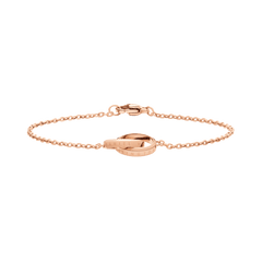 Rose gold Elan Unity Bracelet featuring two interlocking rings on a slim chain, crafted from stainless steel with a polished finish and secure clasp.