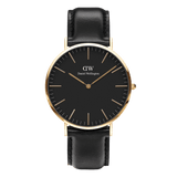 Classic Sheffield Gold men's watch featuring a black dial, slim gold markers, and a black genuine leather strap with a gold-plated round case, showcasing a minimalist and timeless design.