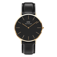 Classic Sheffield Gold men's watch featuring a black dial, slim gold markers, and a black genuine leather strap with a gold-plated round case, showcasing a minimalist and timeless design.