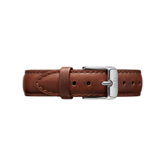 St Mawes Strap Silver in brown genuine leather with detailed stitching and a polished silver buckle, shown flat to highlight its classic design and adjustable fit.