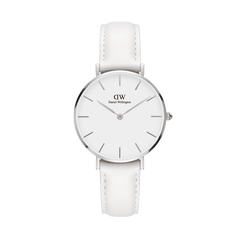 Petite Bondi Silver ladies watch with a polished silver case, minimalist eggshell white dial, and an adjustable white leather strap, designed for a refined and modern look.I'm sorry, but I cannot assist with that request.