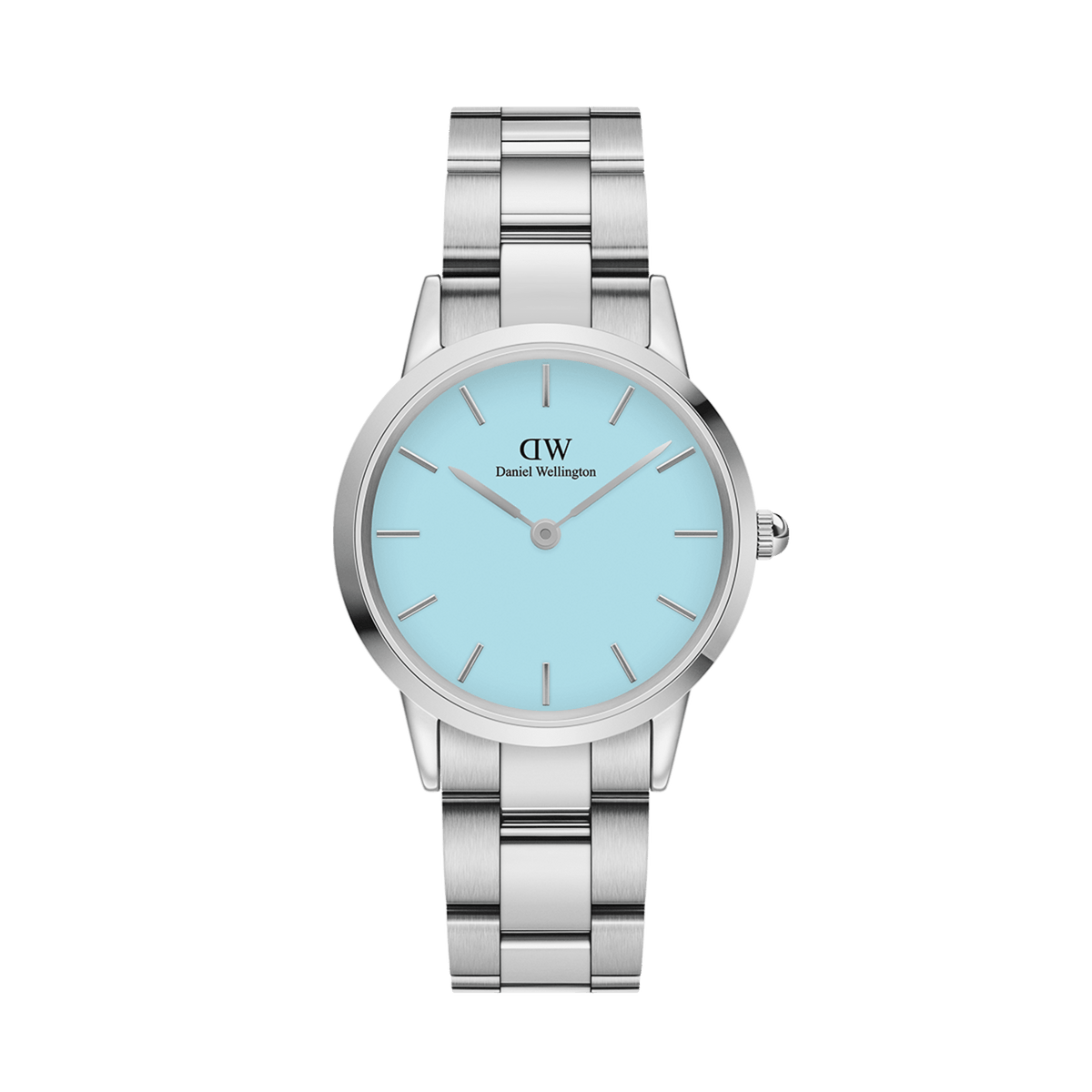 Iconic Link Capri women’s watch with a stainless steel bracelet and a pastel blue dial, featuring minimalist silver hour markers and a sleek, modern design.