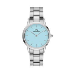 Iconic Link Capri women’s watch with a stainless steel bracelet and a pastel blue dial, featuring minimalist silver hour markers and a sleek, modern design.