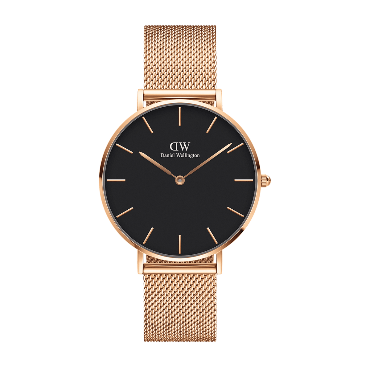 Petite Melrose Black Rose Gold watch with a matte black dial, slim rose gold hands and hour markers, and an adjustable rose gold mesh strap, ideal for both formal and casual wear.