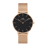 Petite Melrose Black Rose Gold watch with a matte black dial, slim rose gold hands and hour markers, and an adjustable rose gold mesh strap, ideal for both formal and casual wear.