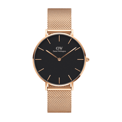 Petite Melrose Black Rose Gold watch with a matte black dial, slim rose gold hands and hour markers, and an adjustable rose gold mesh strap, ideal for both formal and casual wear.