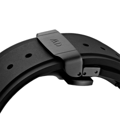 Detail of the Switch Black Black Apple Watch case showing the deployment clasp and integrated FKM rubber strap, designed for durability and a secure fit for Series 6, 5, 4, and SE models.