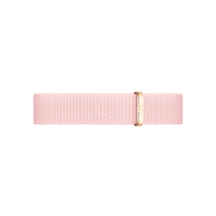 Slim pastel pink NATO style watch strap made from recycled polyester, featuring a rose gold buckle for a modern, refined look suitable for petite watches and smaller wrists.