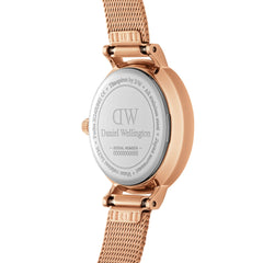 Close-up of the Petite Unitone Rose Gold watch showing the engraved stainless steel case back and adjustable rose gold mesh strap, highlighting quality craftsmanship and easy strap change feature.