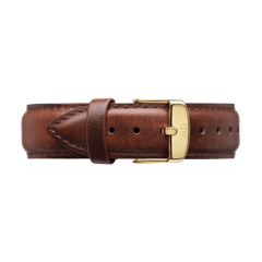 Brown leather watch strap for the Classic St Mawes Gold, featuring a smooth finish, adjustable holes, and a gold-tone stainless steel buckle.