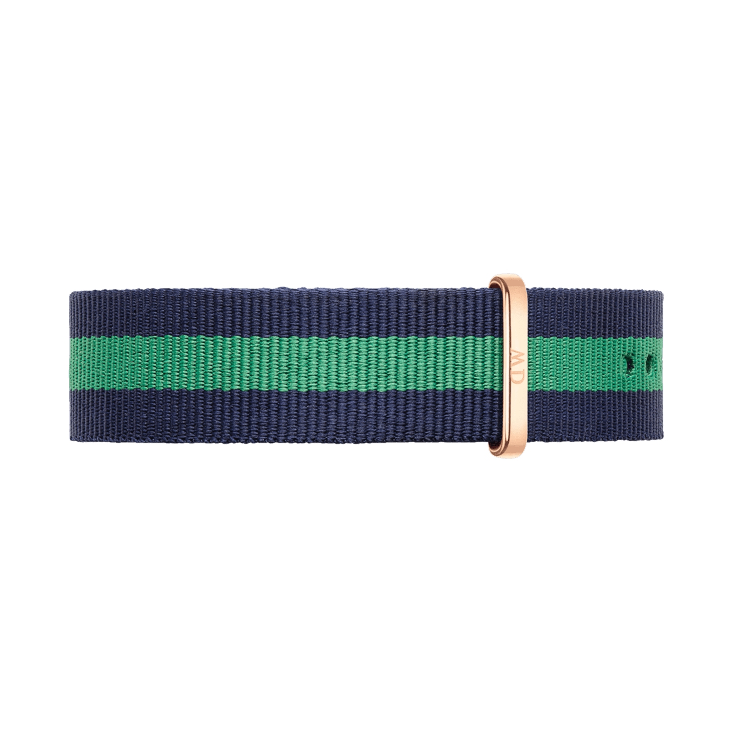 Navy and green striped NATO watch strap with a rose gold buckle, crafted from durable polyester and designed for a comfortable, versatile fit.