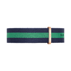 Navy and green striped NATO watch strap with a rose gold buckle, crafted from durable polyester and designed for a comfortable, versatile fit.