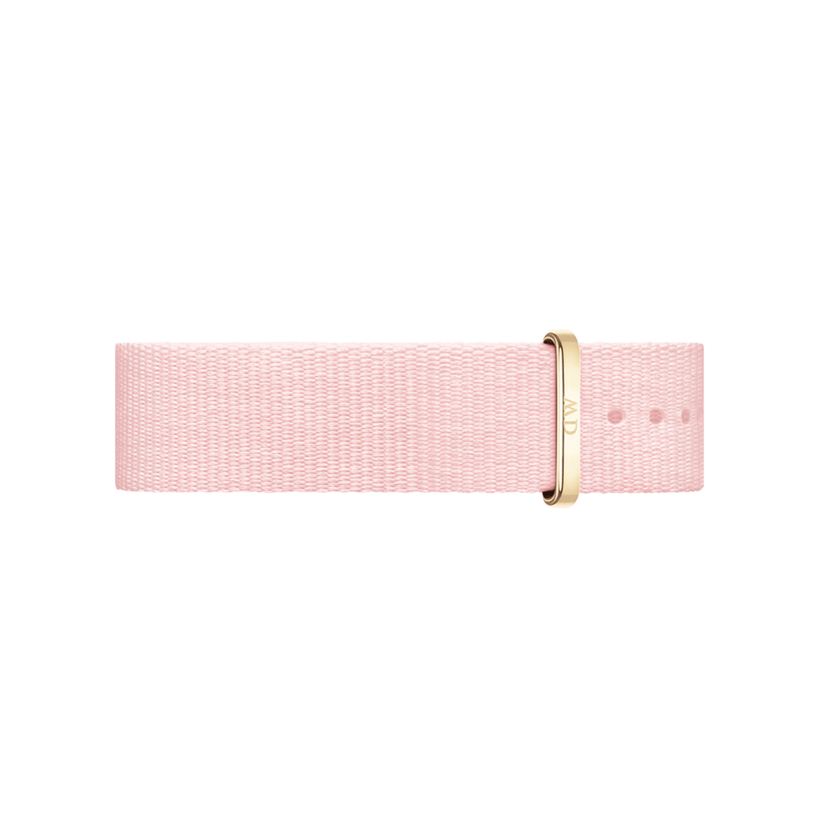 Soft pastel pink NATO style watch strap made from recycled polyester, featuring a gold buckle and minimalist design suitable for Daniel Wellington watches.