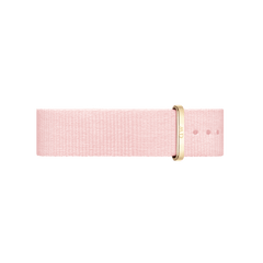 Soft pastel pink NATO style watch strap made from recycled polyester, featuring a gold buckle and minimalist design suitable for Daniel Wellington watches.