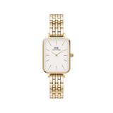 Quadro 5-Link Evergold women’s watch with a rectangular gold case, minimalist white dial, and a refined 5-link gold bracelet, blending classic elegance with modern versatility.