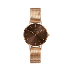 Petite Amber Rose Gold ladies watch with a sunray amber brown dial, minimalist hour markers, and an adjustable rose gold mesh strap, suitable for both casual and formal wear.