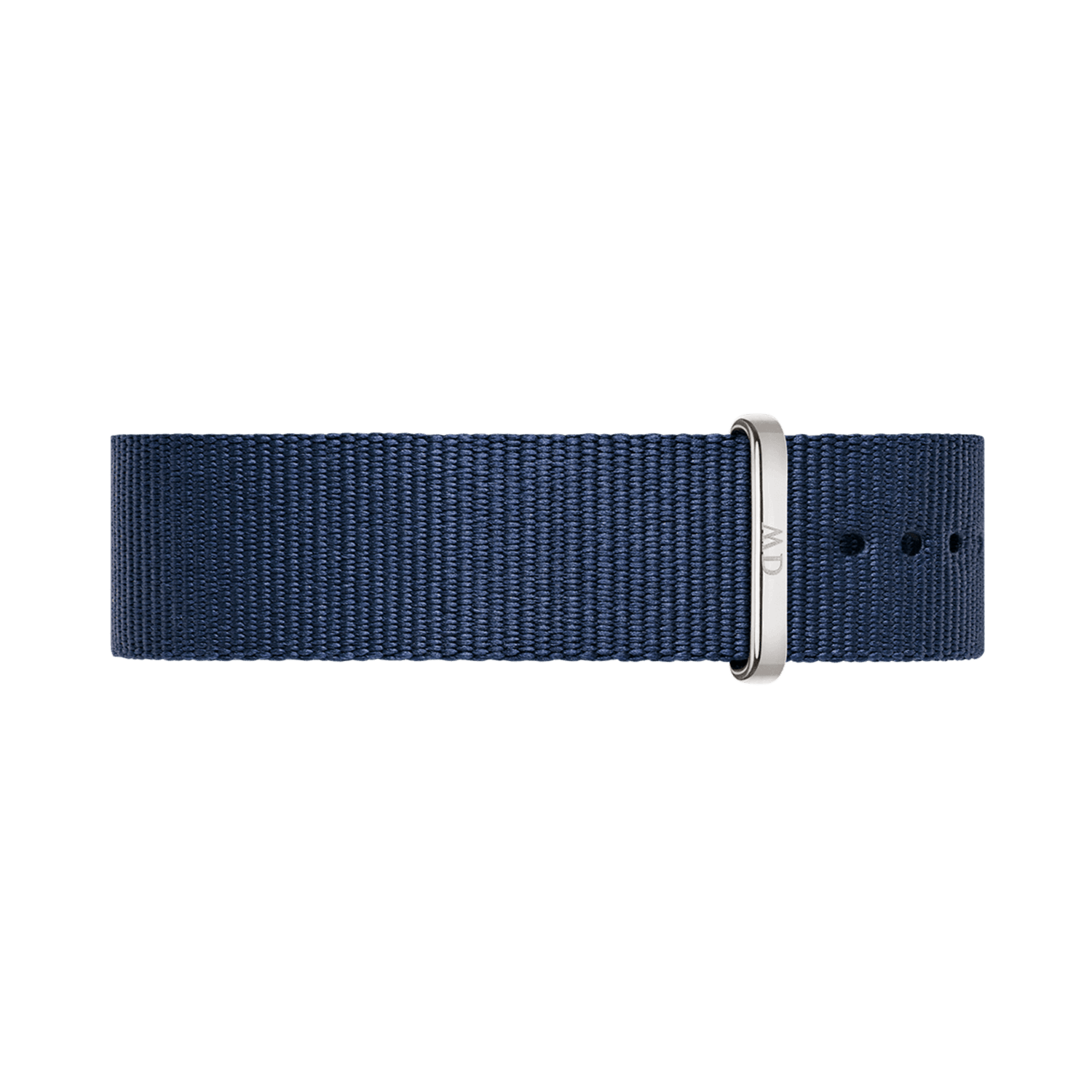 Navy blue NATO style watch strap in durable polyester with a polished silver buckle, featuring multiple adjustment holes for a comfortable and versatile fit.