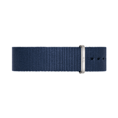 Navy blue NATO style watch strap in durable polyester with a polished silver buckle, featuring multiple adjustment holes for a comfortable and versatile fit.