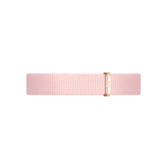 Coral Strap Rose Gold features a slim, pastel pink NATO style design with a rose gold buckle, crafted from recycled polyester for a lightweight and comfortable fit on petite watches.