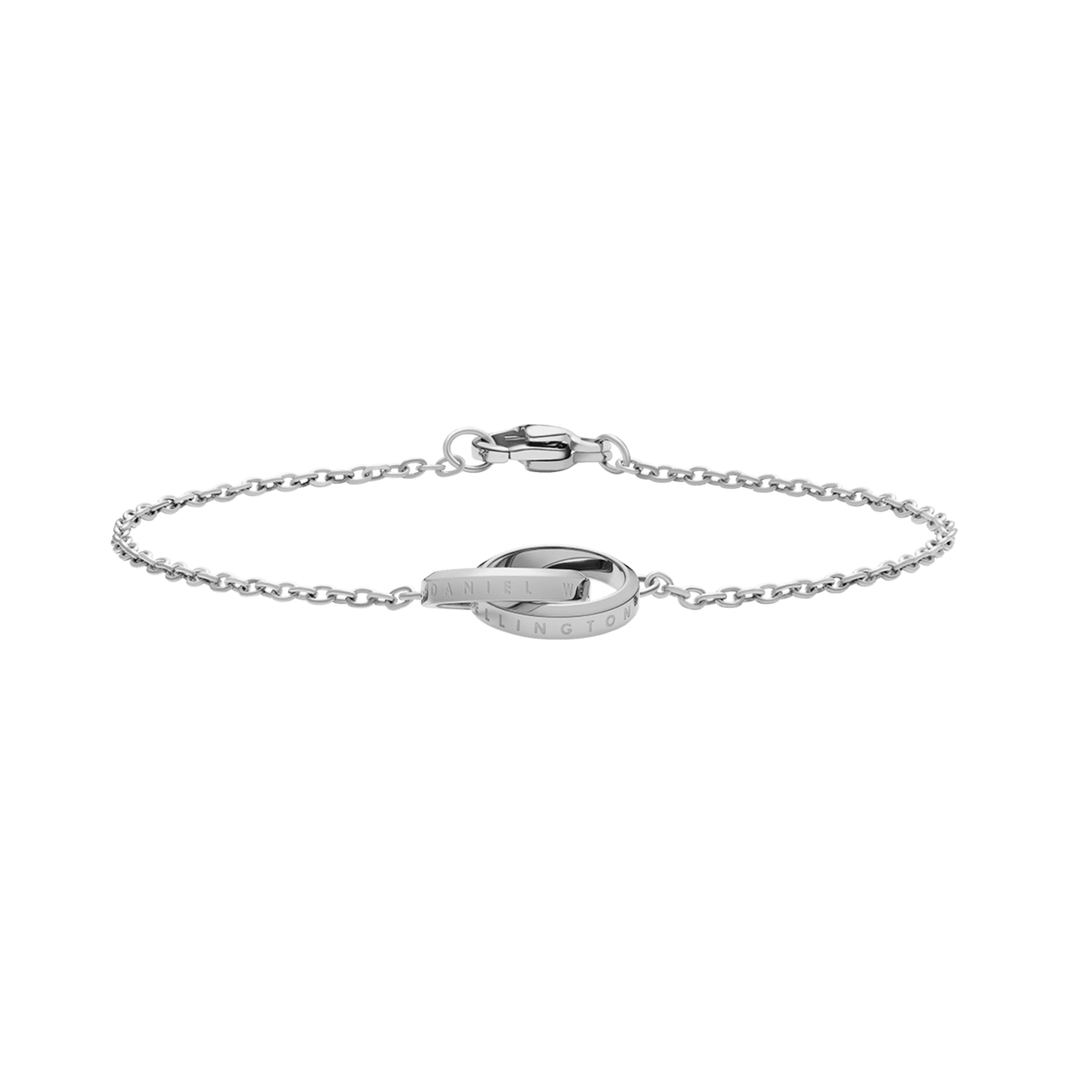 Slim silver chain bracelet featuring two interlocking polished rings as a pendant, crafted from stainless steel with a secure clasp and minimalist design suitable for everyday wear.