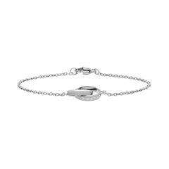 Slim silver chain bracelet featuring two interlocking polished rings as a pendant, crafted from stainless steel with a secure clasp and minimalist design suitable for everyday wear.