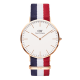 Classic Cambridge Rose Gold watch featuring a slim rose gold case, minimalist eggshell white dial, and a striped NATO strap in blue, white, and red for a modern, preppy look.