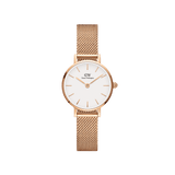 Petite Melrose Rose Gold women’s watch with an eggshell white dial and slim rose gold mesh strap, featuring minimalist hour markers and a comfortable, adjustable bracelet suitable for small wrists.