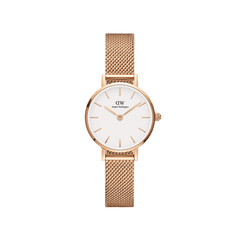 Petite Melrose Rose Gold women’s watch with an eggshell white dial and slim rose gold mesh strap, featuring minimalist hour markers and a comfortable, adjustable bracelet suitable for small wrists.