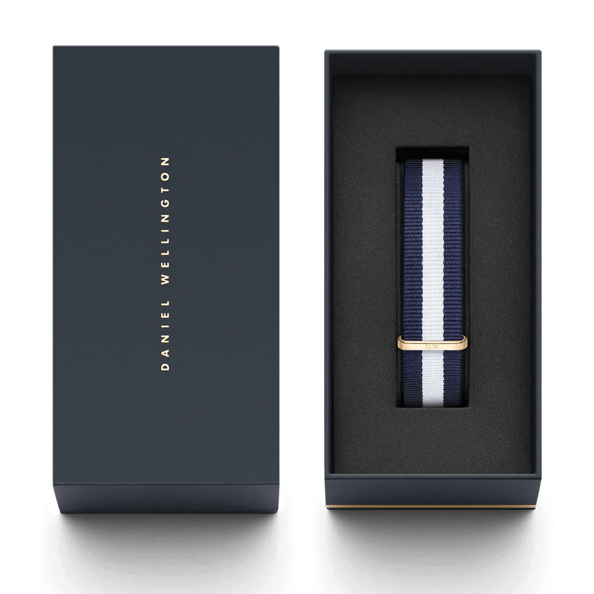 Glasgow Strap Rose Gold presented in a premium Daniel Wellington gift box, showcasing the navy blue and white striped NATO style strap with a rose gold buckle.