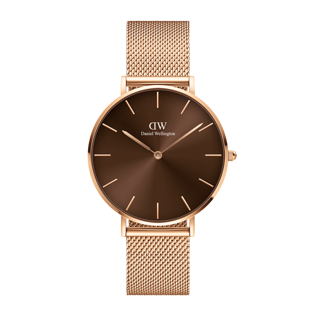 Petite Amber Rose Gold ladies watch with a warm amber brown sunray dial, slim rose gold case, and an adjustable rose gold mesh strap, designed for a refined and versatile everyday style.