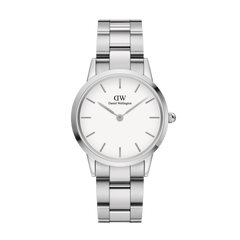 Iconic Link Silver watch by Daniel Wellington featuring a stainless steel three-piece link bracelet, minimalist eggshell white dial, and a classic round case with a polished silver finish.