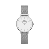 Petite Sterling Silver women's watch with a small round white dial and a fine stainless steel mesh strap, designed for a minimalist and elegant look.